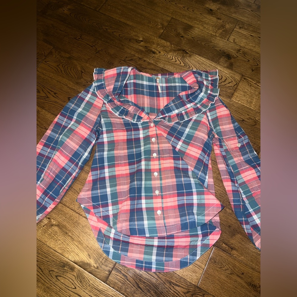 Free People Molly Ruffle Top Plaid Size Small - Picture 2 of 7